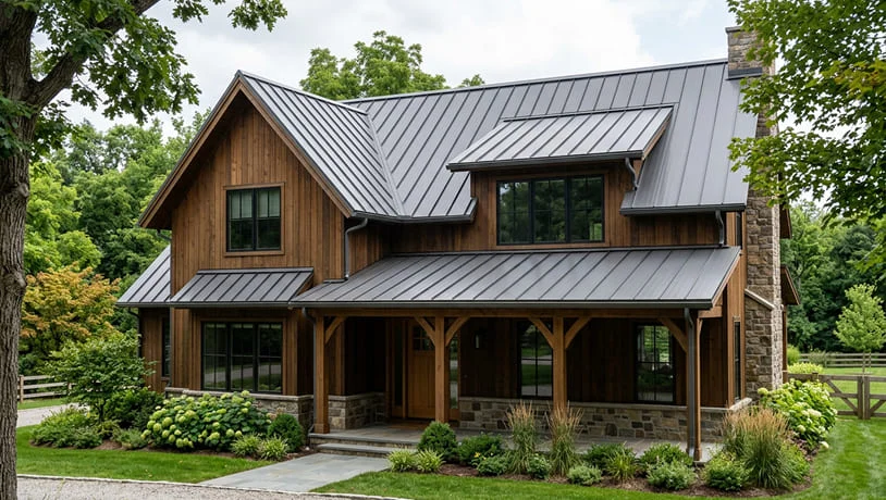 Modern farmhouse with wood siding and black standing seam roof