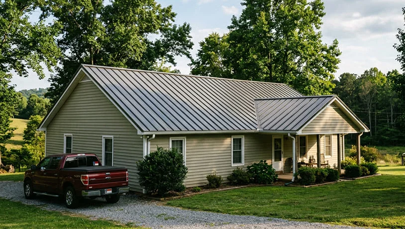 Tan ranch house with charcoal standing seam metal roof